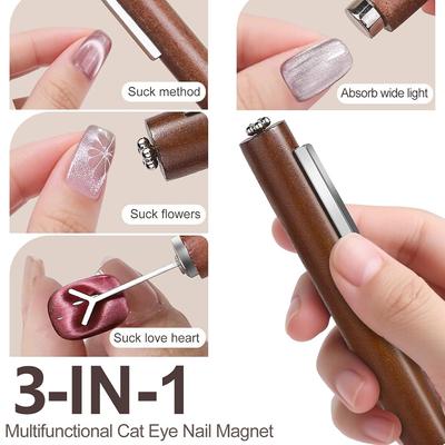 3-in-1 Cat Eye Nail Magnet Wand Wooden Handle Magnetic Stick for Gel Nail Art Strong Magnet Cat Eye Effect Manicure Tool