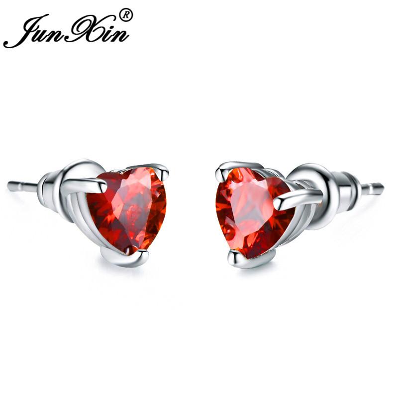 Girls Cute Heart Stud Earrings For Women White Gold Color Brilliant White Zircon Blue Purple Austrian Crystal Wedding Studs Cz