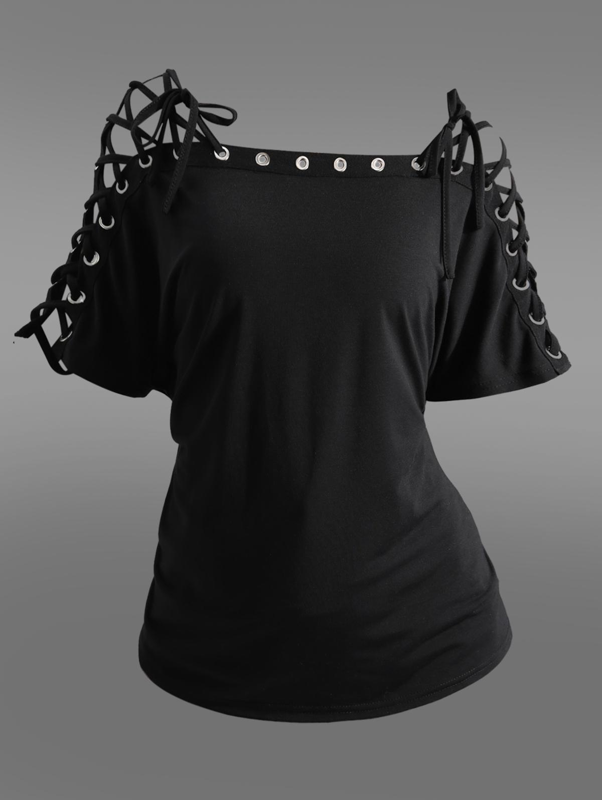 

Rosegal Gothic Lace Up Braided Sleeve Solid Grommet T-shirt 3XL чорний