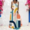 Women Plus Size Scoop Neck Strappy Sleeveless Gray Black Geometric Printed A Line Long Dress