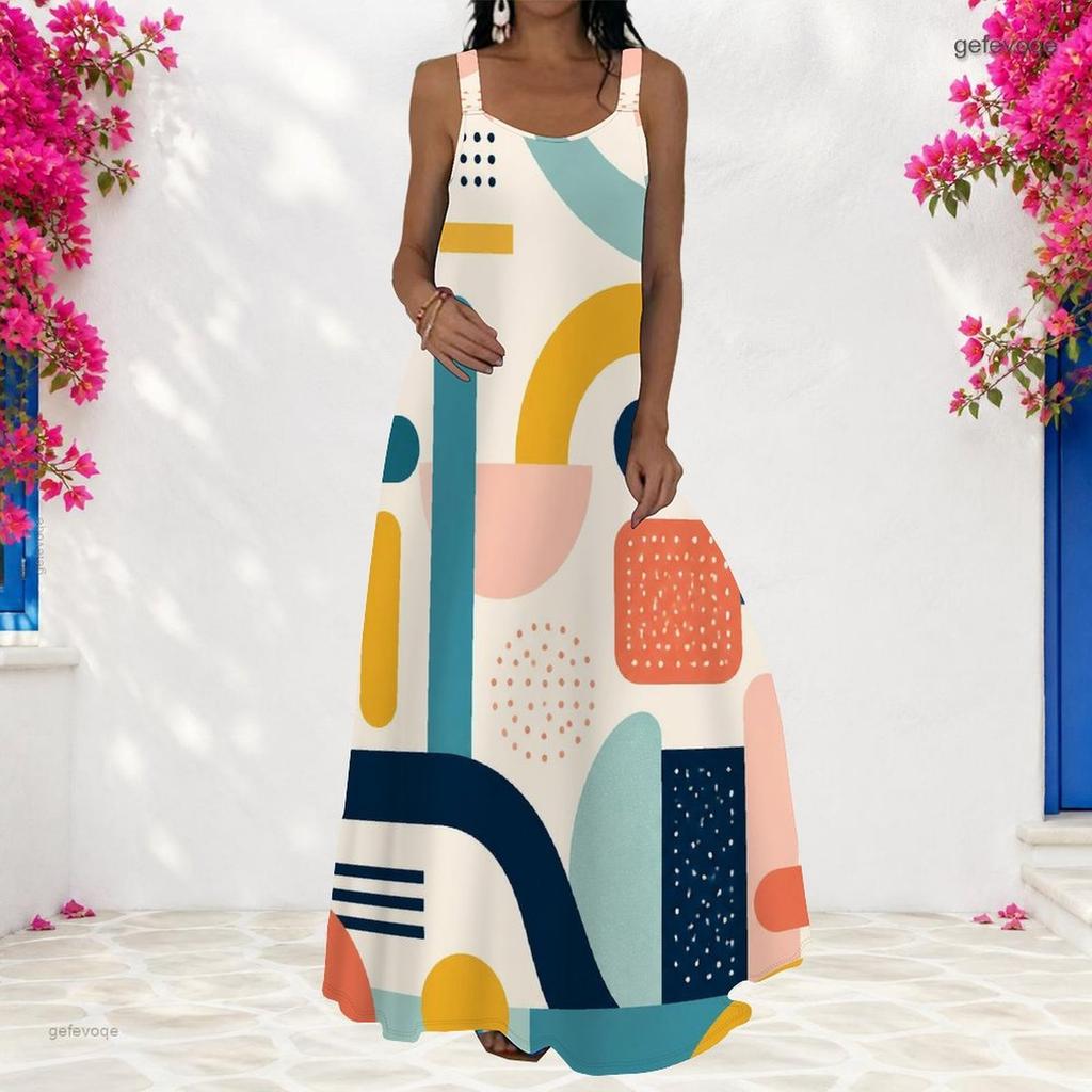 Women Plus Size Scoop Neck Strappy Sleeveless Gray Black Geometric Printed A Line Long Dress