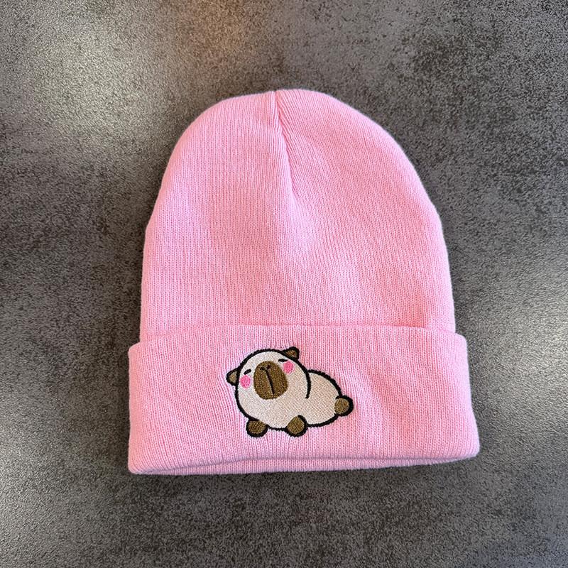Fashion Knitted Hat With Capybara Embroidery Design Suitable For Daily Use