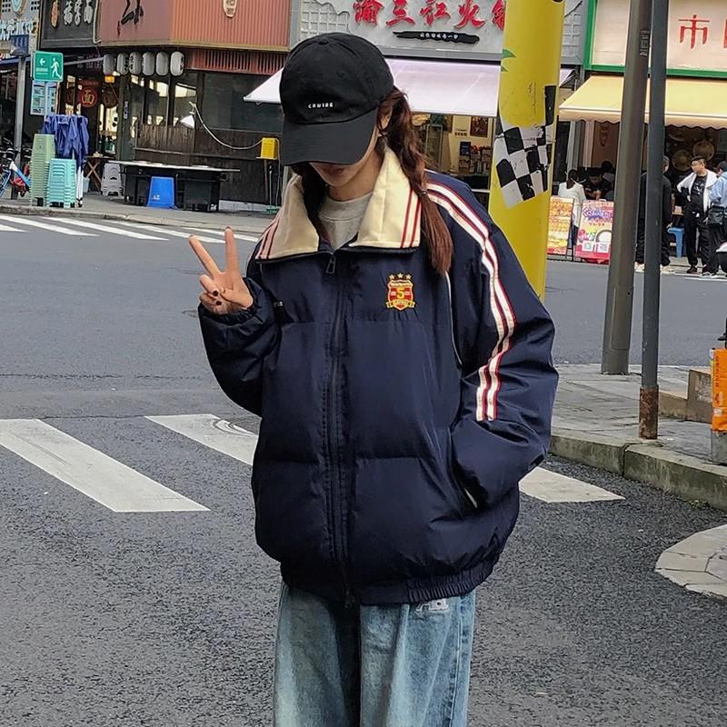 American retro college style splicing contrasting color cotton clothes women's new winter thickened warm loose couple cotton coat