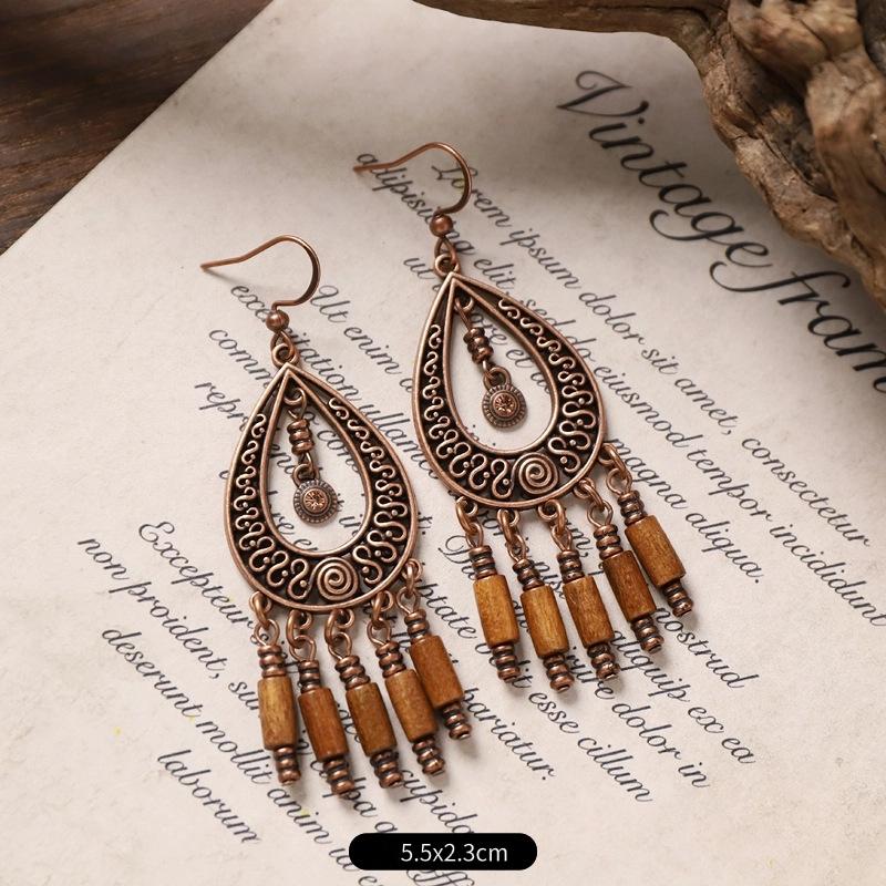 Vintage Ethnic Unique Brown Earrings for Women Bohemian Unusual Geometric Tassel Water Drop Earring Female Jewelry