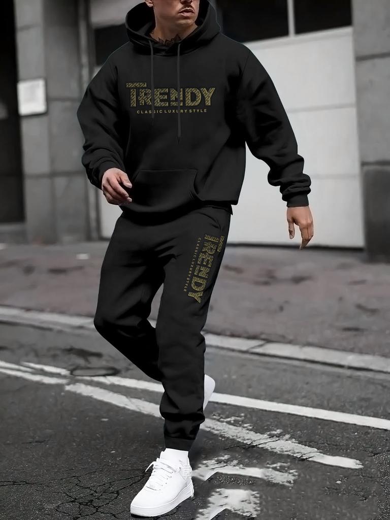 New Sweater Sweatpants Set Letter Printing Casual Jacket Autumn and Winter Velvet Street Trendy Middle-aged Suit Men