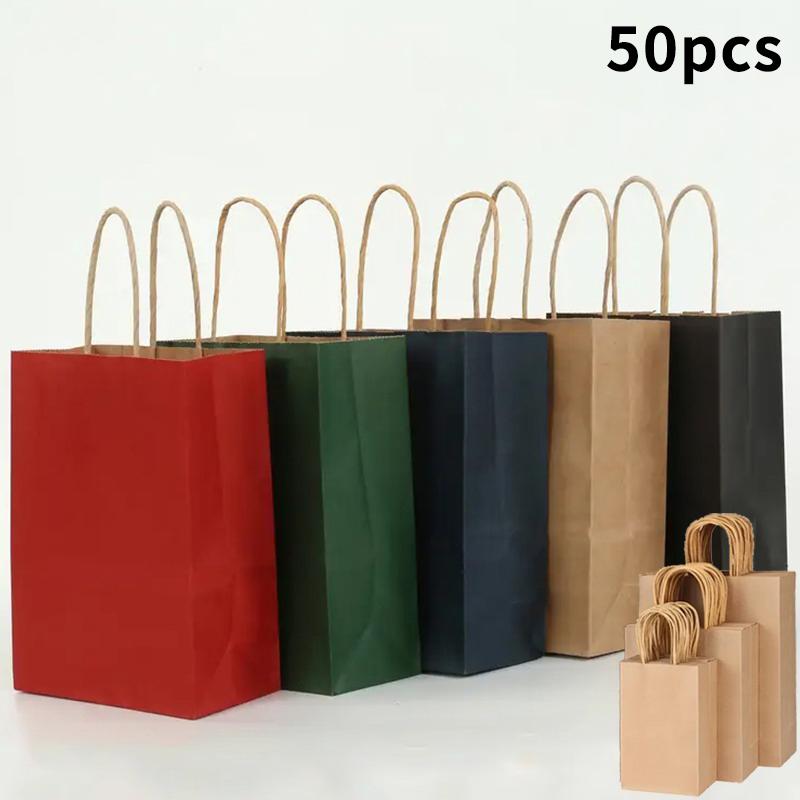 50Pcs Kraft Paper Bag Plain Rope Handle Hand Bag Gift Bag Paperbag For Christmas/Party/Shopping/Retail Business Use