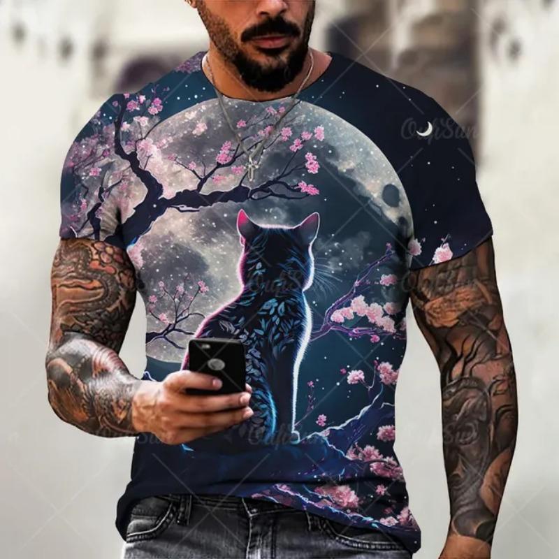Men's T Shirts Japanese Samurai Cat Printed T-Shirt Funny 3D Animal Graphic T-Shirts  Casual O-neck Loose Tops Short Sleeve Tee