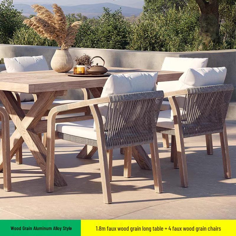 Teak Rattan Outdoor Dining Set: Waterproof Table & Chairs for Terrace or Garden