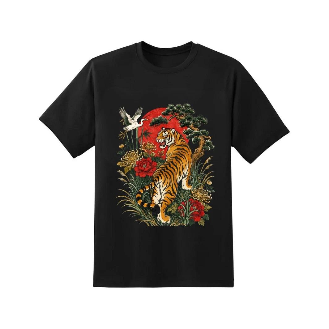 Japanese Tiger and Crane T-T-Shirt - Retro Ukiyo-e Style Art Tee Black Cotton Top M
