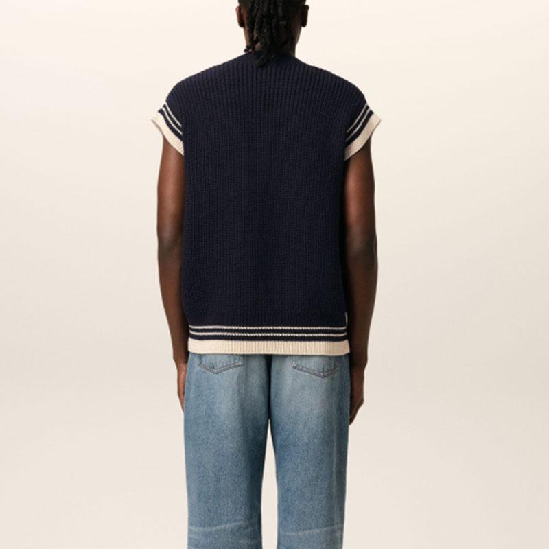 AMIPARIS Heart Letter Logo V-Neck Pullover Striped Color Block Wool Knit Vest Unisex Vest Navy-Blue UKS768KN0068-4011