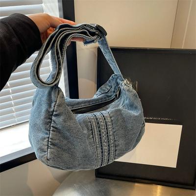 Uformell sytråd glidelås denim dame crossbody-veske fasjonabel og allsidig skulderveske med stor kapasitet