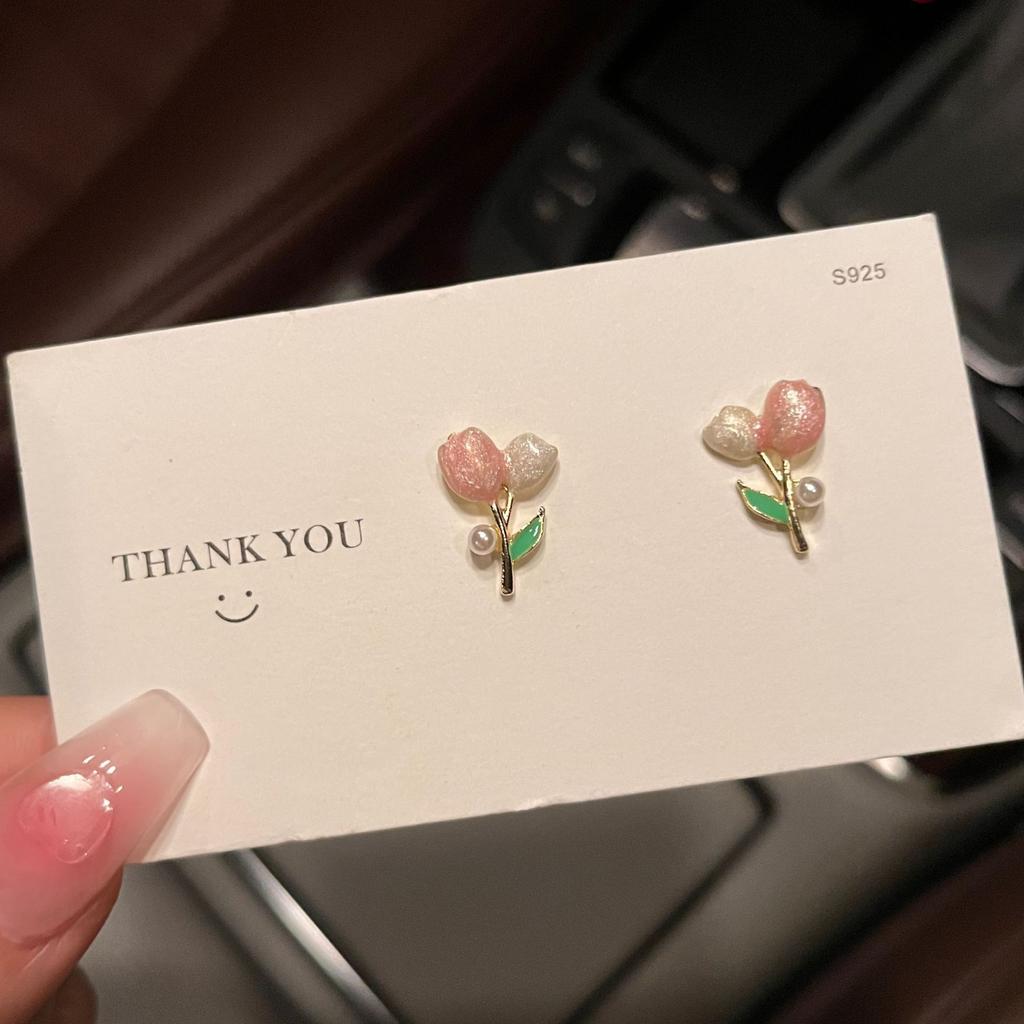 Sweet Pink Color Tulip Flower Stud Earrings for Women Korean Heart Peach Fruit Crystal Earring Jewelry