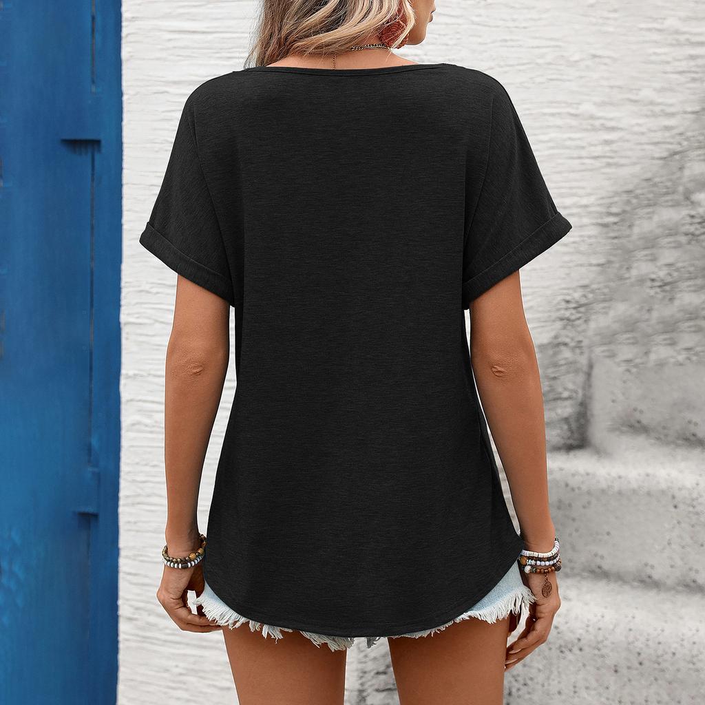 Women V Neck Short Sleeve Top with Embroidered Front Casual Loose Fit Bohemian Style Lightweight Summer Shirt Blouse
