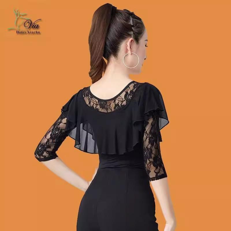 Womens Latin Dance Top With 3/4 Sleeves Round Neck Practice Wear Ballroom Dancing Fall Winter