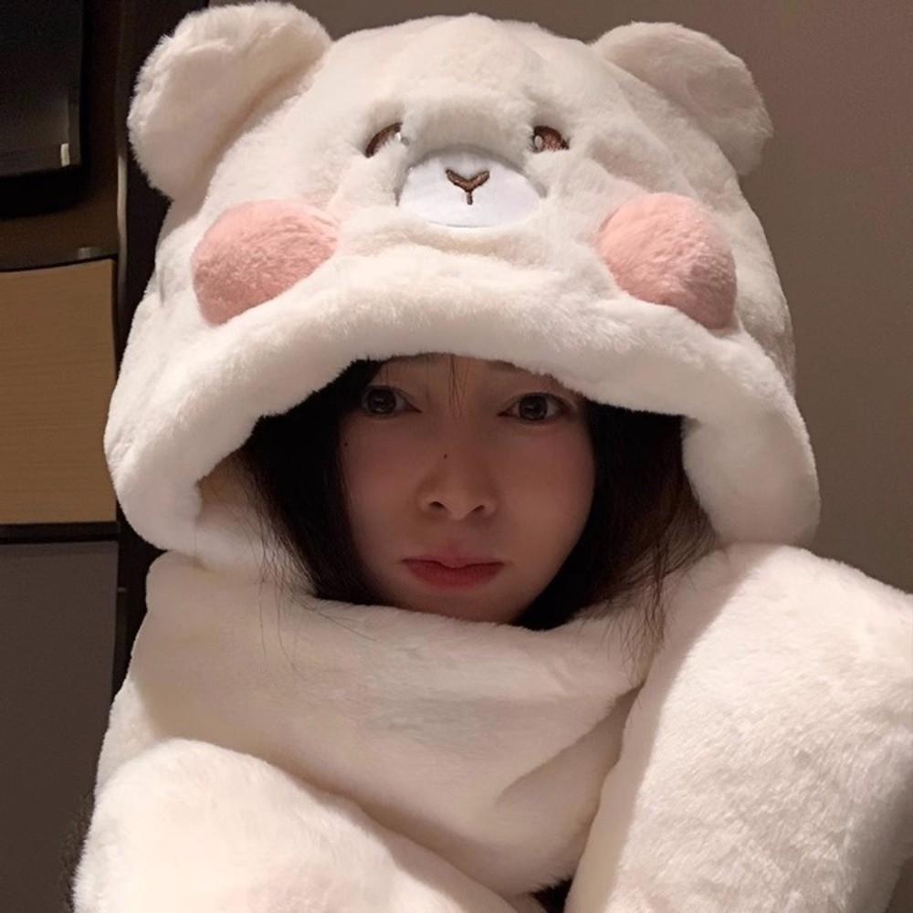 Fluffy Ear Protection Hat Warm Velvet Bucket Hat Cute Plush Bear Hat  Women