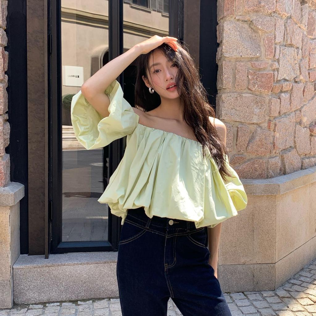 Summer French Chic Bubble Sleeve Off-the-shoulder Shirt Women's Short Sweet Age Reduction S