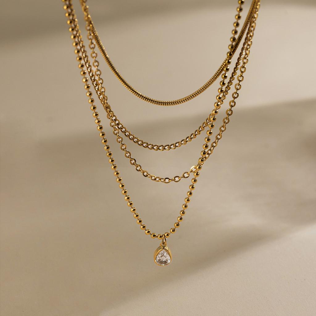 Wanxing European American Stainless Steel 18k Four-layer Stacked Water Drop Zircon Bamboo Pendant Necklace Fashion Simple