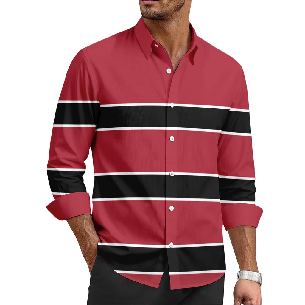 Men's Casual Stylish Striped Printed Shirt - Men's Lapel Buttoned Long-sleeved Shirt