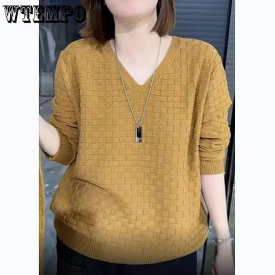 Wydrążony damski T-shirt z długim rękawem Sweter dzianinowy Jesień Luźny w paski Koszulka bazowa