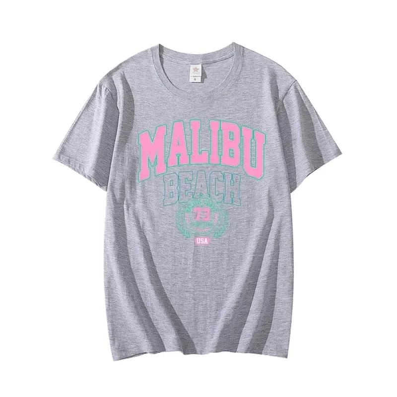 2025 Summer Malibu Beach Print Pattern Men's T-shirt, 100% Pure Cotton Fashionable Street T-shirt, Comfortable Round-neck Top