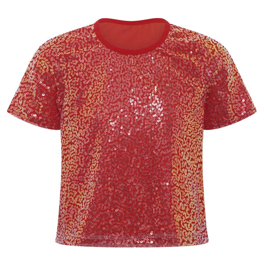Girls Shiny Sequins Round Neck Short Sleeve T Shirt Cheerleading Dance Performance Stage Party Top