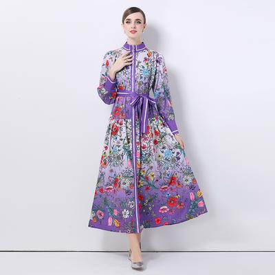 Spring Autumn Women Designer Vintage Print Runway Dress Single Breasted Oversized Loose Long Maxi Lace-up Party Dresses