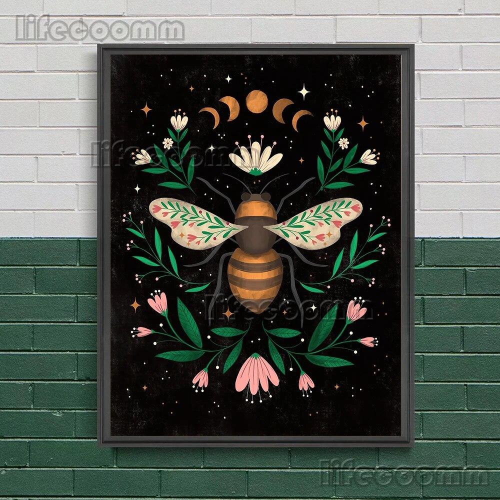 2023 księżycowa faza księżyca i magiczna ćma obraz ścienny na płótnie wąż, roślina, księżyc, elementy czarów plakat artystyczny dekoracja z nadrukiem bez ramki