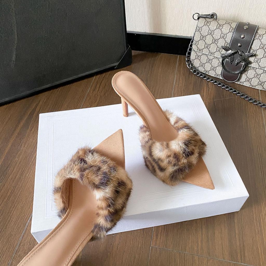 Women's Super High Heel 8.5CM Furry Slippers Faux Fur Slip-on Fashion Designer Sexy Pointy Toe Sandals for Woman Sandalias Mujer