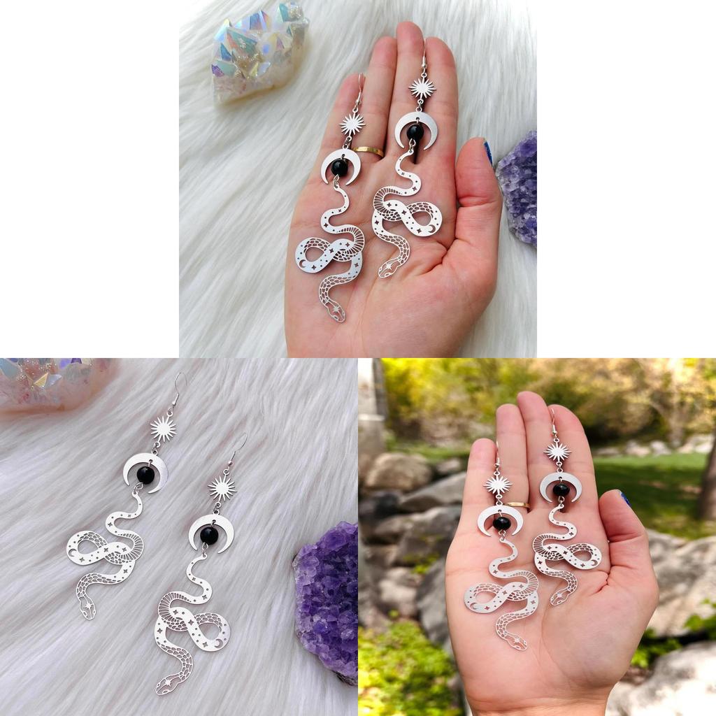 Silver Snake Moon Earrings With Black Jade Crystal For Fashion Women And Men