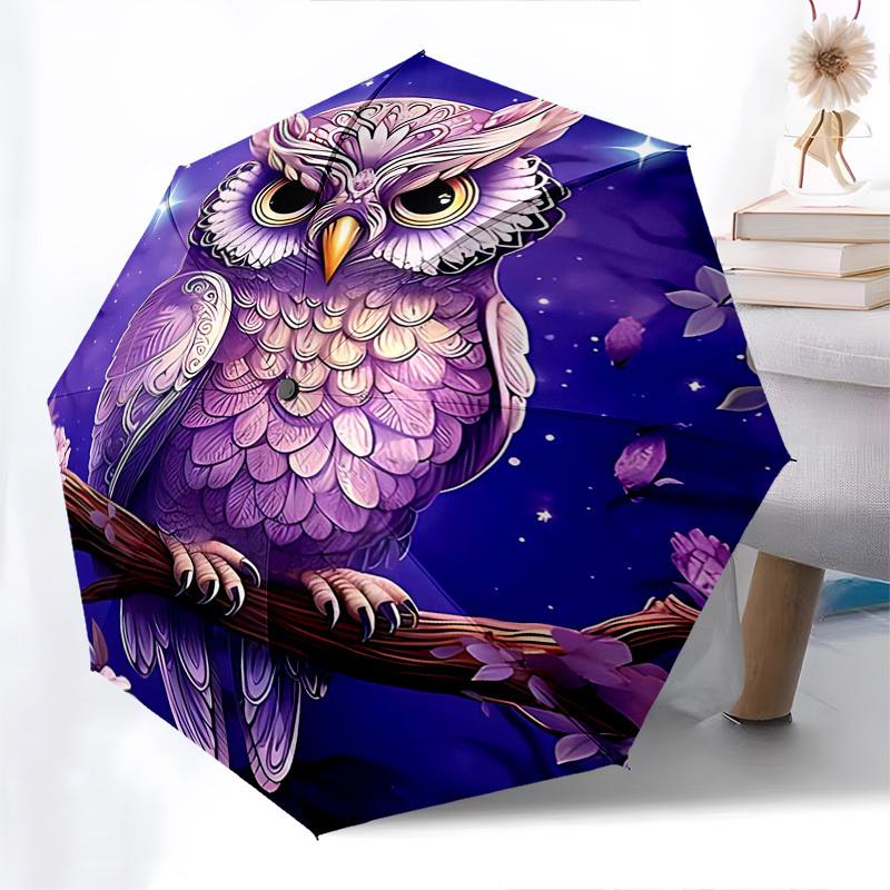 

1pc Purple Floral Owl Automatic Folding Umbrella, Portable 3-Fold Design with Iron Frame, Perfect for Outdoor Use, Festive Gifts, Travel, Daily Use, S