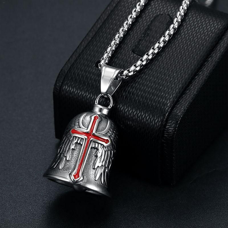 Fashion Angel Wings Cross Bell Pendant Punk Motorcycle Bell Necklace Men\'s Biker Exorcism Rocking Jewelry Gift