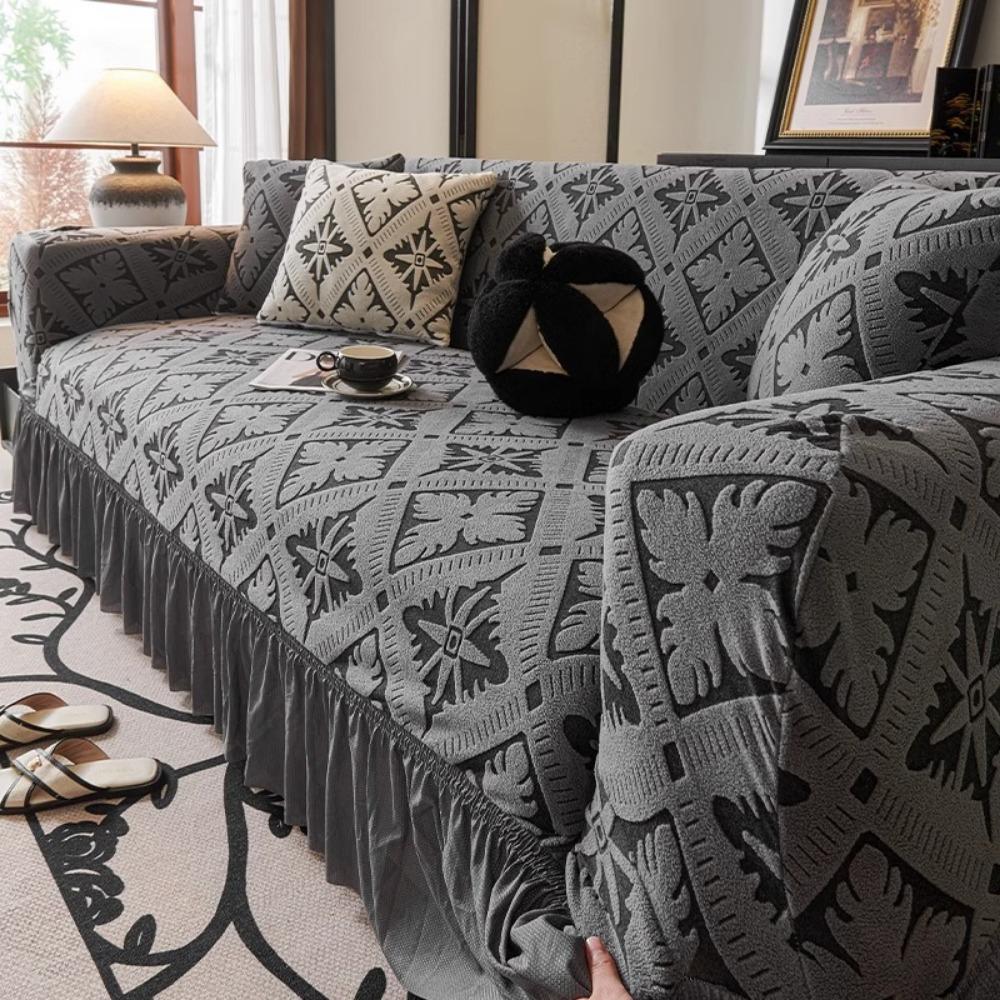 Jacquard Sofa Cover with Skirt Universal Full Coverage Stretch Slip Proof Fabric Couch Dust Protector