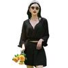 Teddy Ruffled Set with Flattering Sheer Lace Modest Hys2554 Women's Bikini, 4-Piece Top, Coverage, (LL (Size 11), Black)