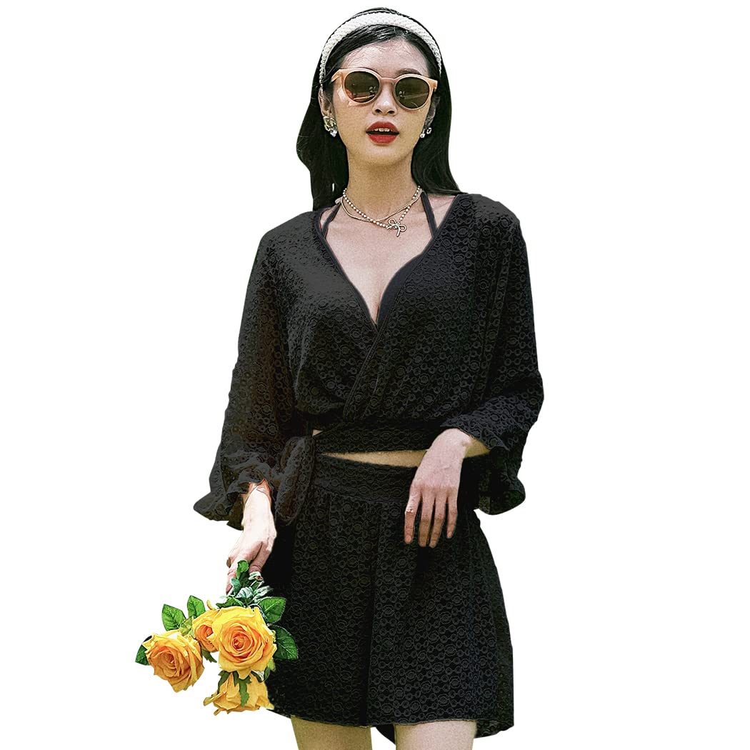 

Плюшевый комплект с оборками из лестного прозрачного кружева, скромный hys2554 Женский бикини, 4 предмета: топ, покрытие, (LL (Размер 11), черный) чёрный