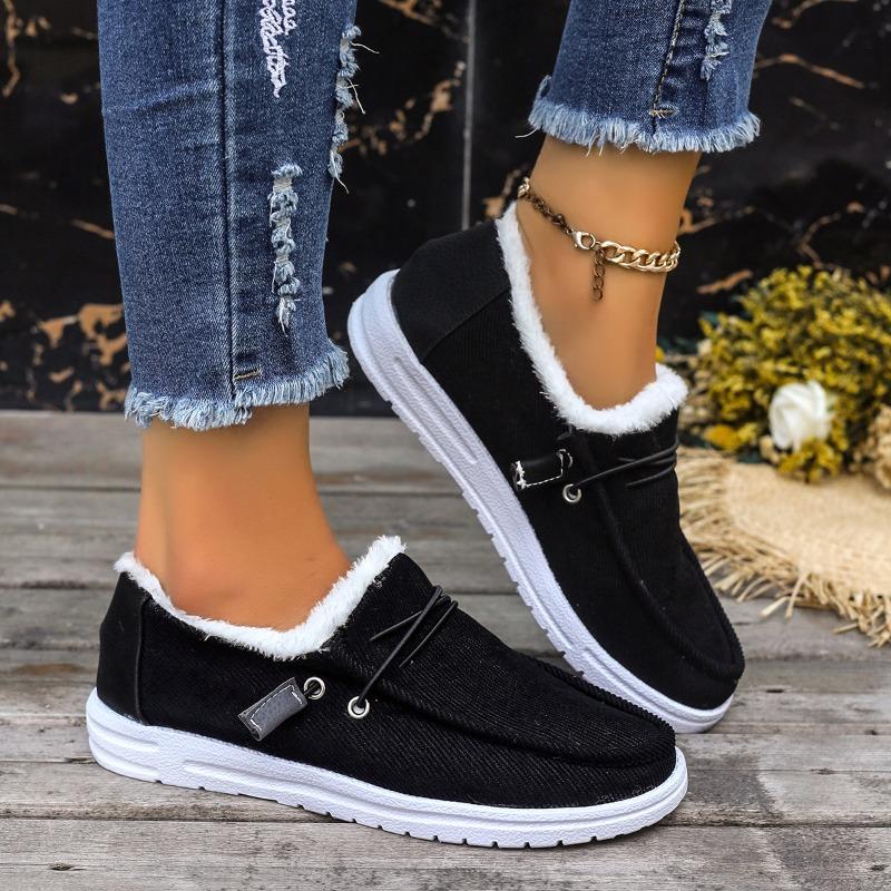 Women's Plus-Size Cotton Shoes - 5 Colors, Flat-Soled, Fleece-Lined, Thickened, Suede Upper, Fluffy Collar, Slip-On Warm Style