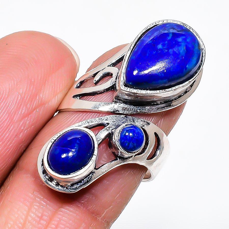 Натуральный Лазурит Драгоценный Камень Серебро 925 пробы Ювелирное Кольцо Размер 8 AR-16530