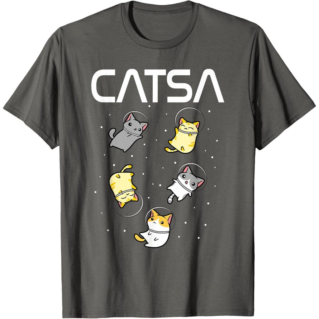 Catsa Astronaut Cats Graphic Tee Funny Space Lover Print Round Neck T-Shirt
