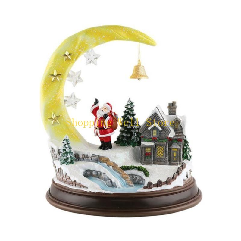 KX4B Animated Christmas Village House Scene Resin Ornament Battery Operated Moon Santa Figure with LED Light Table Decoration