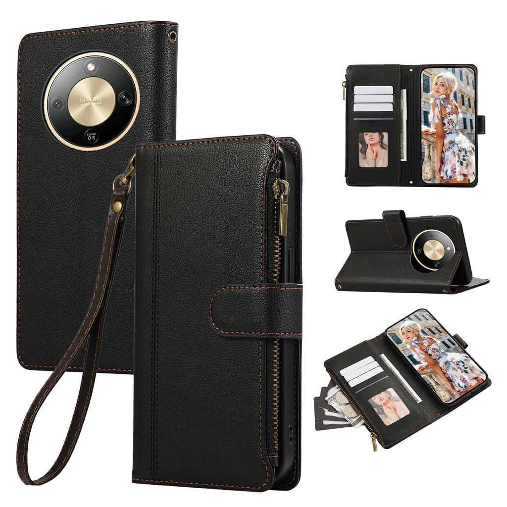 Phone Case For Honor Magic8 Lite 5G / X9d 5G / X70 5G Multi Card Slots Zipper Leather Phone Cover with Wrist Strap