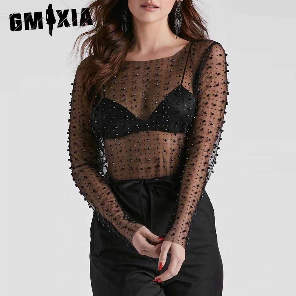 GMXIA Cămașă transparentă din dantelă super sexy Mărgele diamant strălucitoare Îmbrăcăminte din tifon Bluză cu mânecă lungă Femei