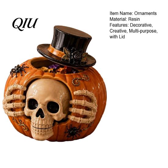 Unique Halloween Party Ornaments Skull Pumpkin Candy Jar with Top Hat Lid, Resin Decorative Interior Decorations Storage Container, Desktop Organizer