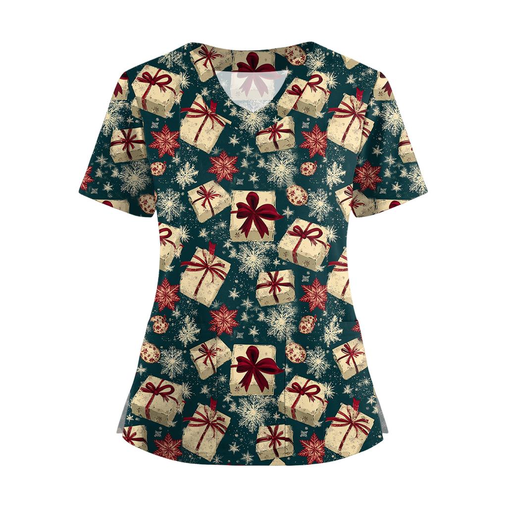 Kortermet juleprintet V-hals Topp T-skjorte med knapper i siden og splitt