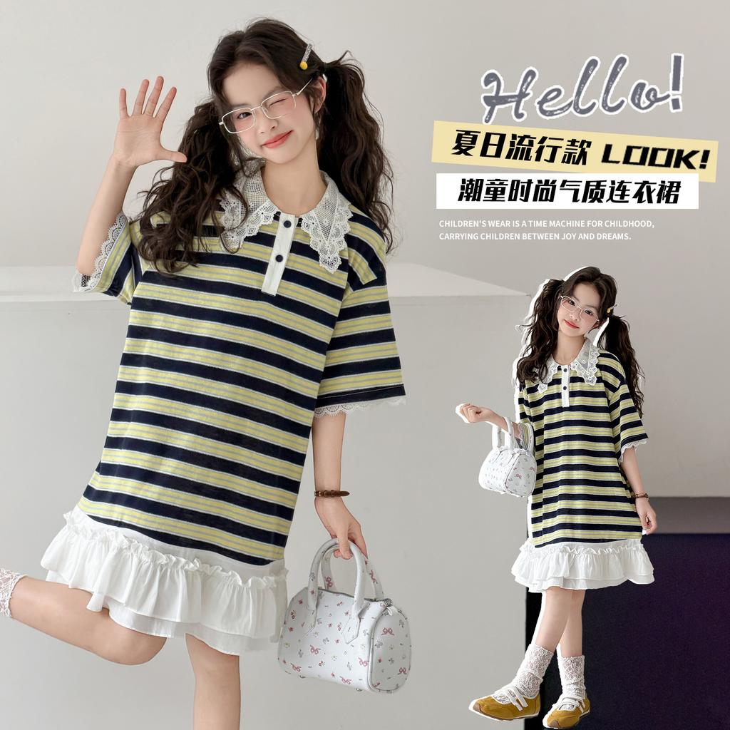 Girls' dress summer 2026 new children's striped summer dress, mid size children's half skirt, girls' T-shirt dress trend