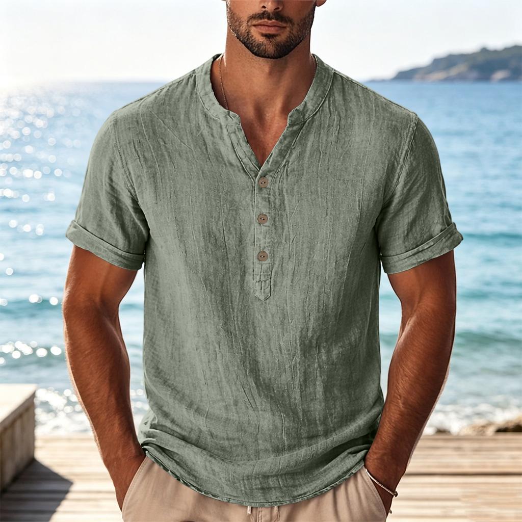 Mens Casual Button Neck Lightweight Short Sleeve Shirt Breathable Relaxed Fit Summer Top for Everyday Wear