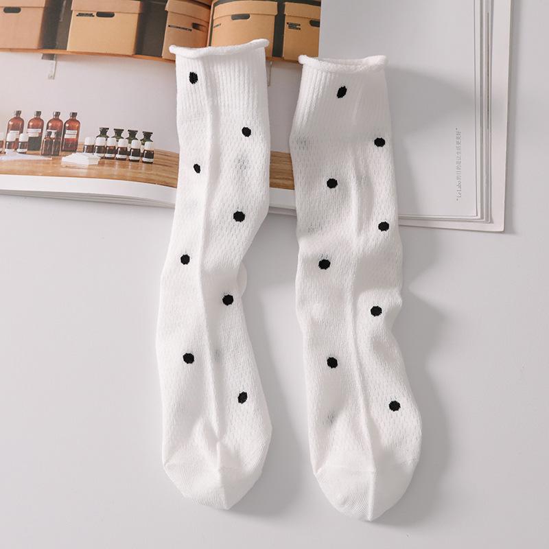 Women's Polka Dot Breathable Cotton Slouch Socks - Retro Style Mesh Mid-Calf with Rolled Cuff