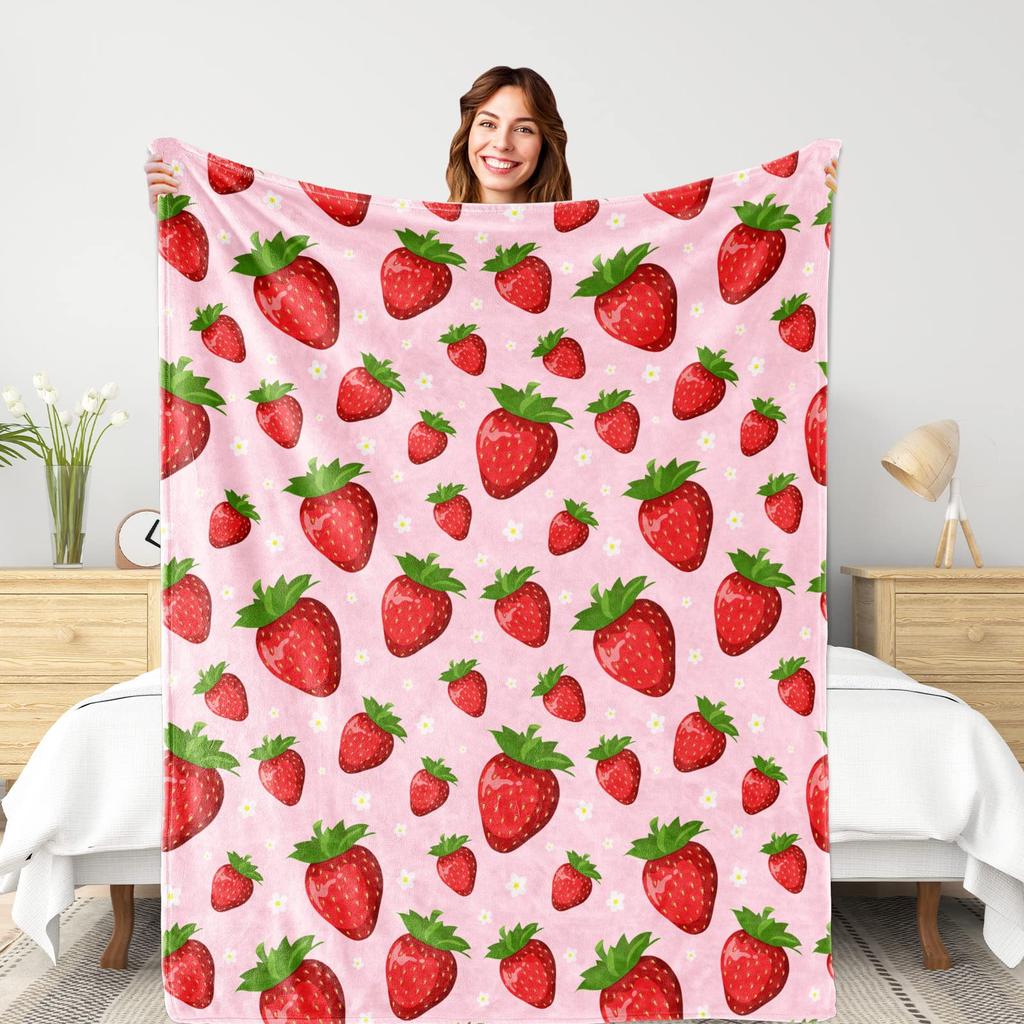 Cute Strawberry Blanket, Plush Soft Warm Flannel Sweet Fruit Throw Blanket for Couch, Travel, Bed, Outdoor, Gift for Teen Adult
