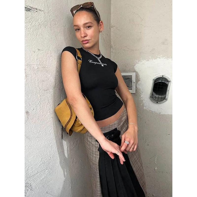 Y2k Streetwear Crop Tops Letter Print Black Tees Short Sleeve Graphics T Shirt Womens 2023