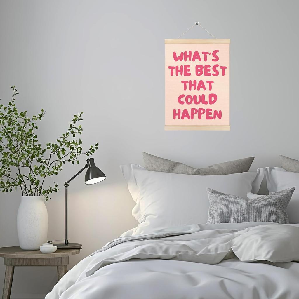 HUGANE What's the Best That Could Happen Wall Art Poster Hanger Frame, Trendy Pink pirational Quote Canvas Pictures Prints Hanging Wall Decor for