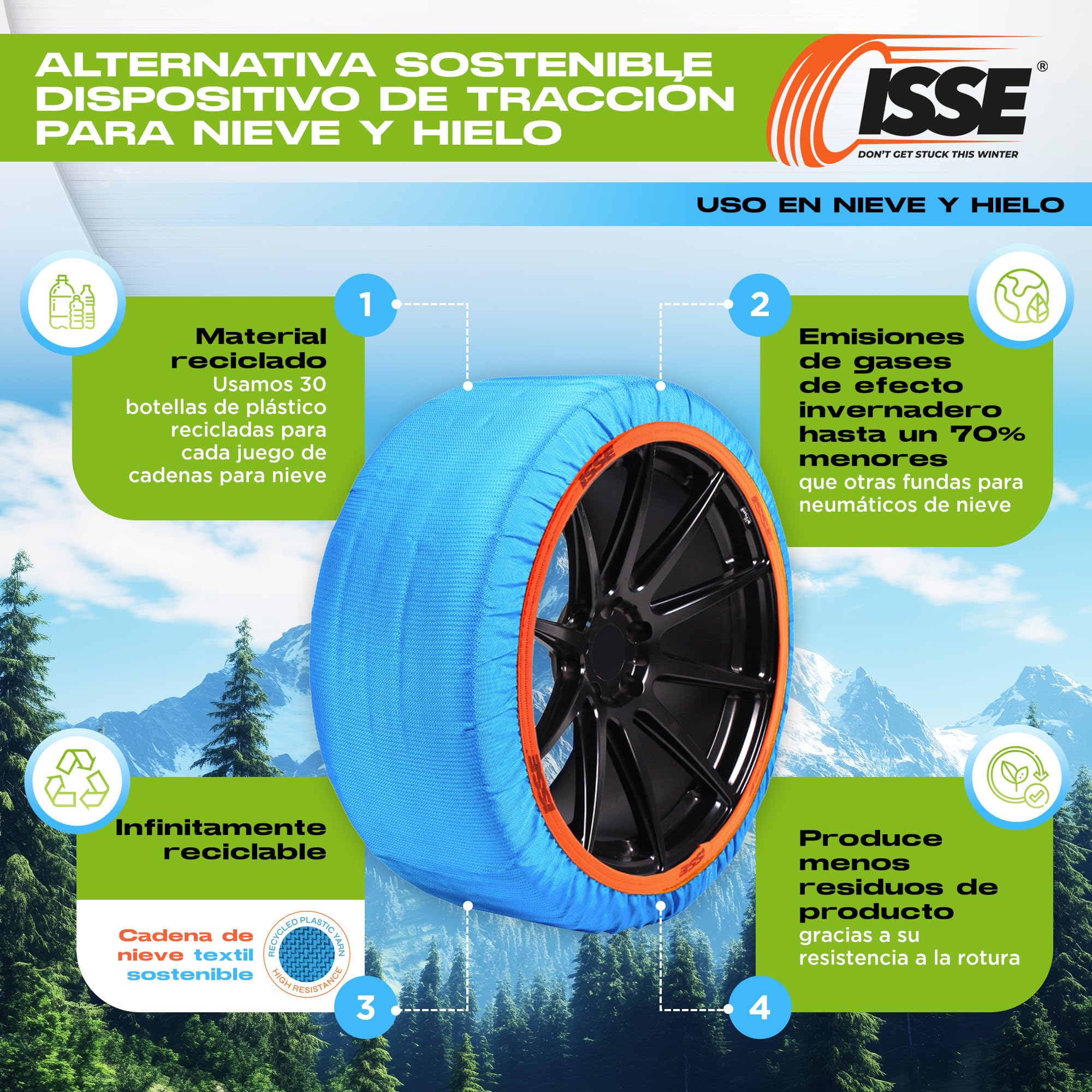 

ISSE Recycled Snow Chains for Cars Snow Chains Made from Recycled Fabric Italian Approved EN Everyday Car Chains for Snow and Ice Set of 2 Chains T-70