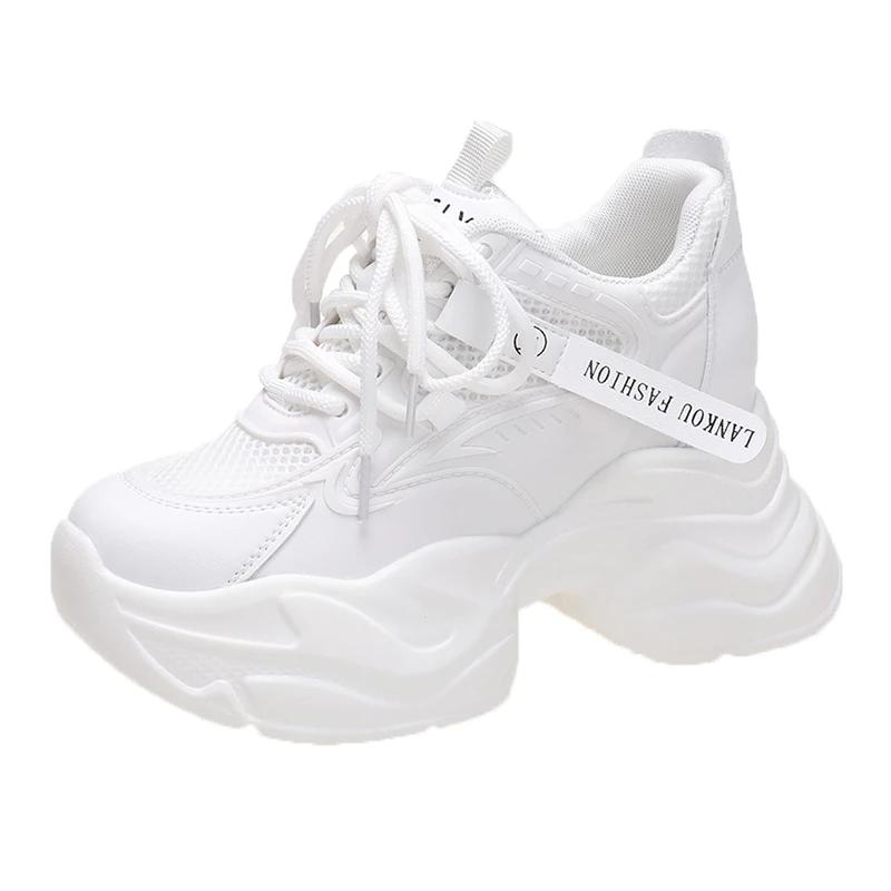 Fashion 9CM Women Chunky Leather Sneakers High Platform Ulzzang Sports Shoes New 2025 Spring Thick Bottom Women's Wedge Casual Shoes